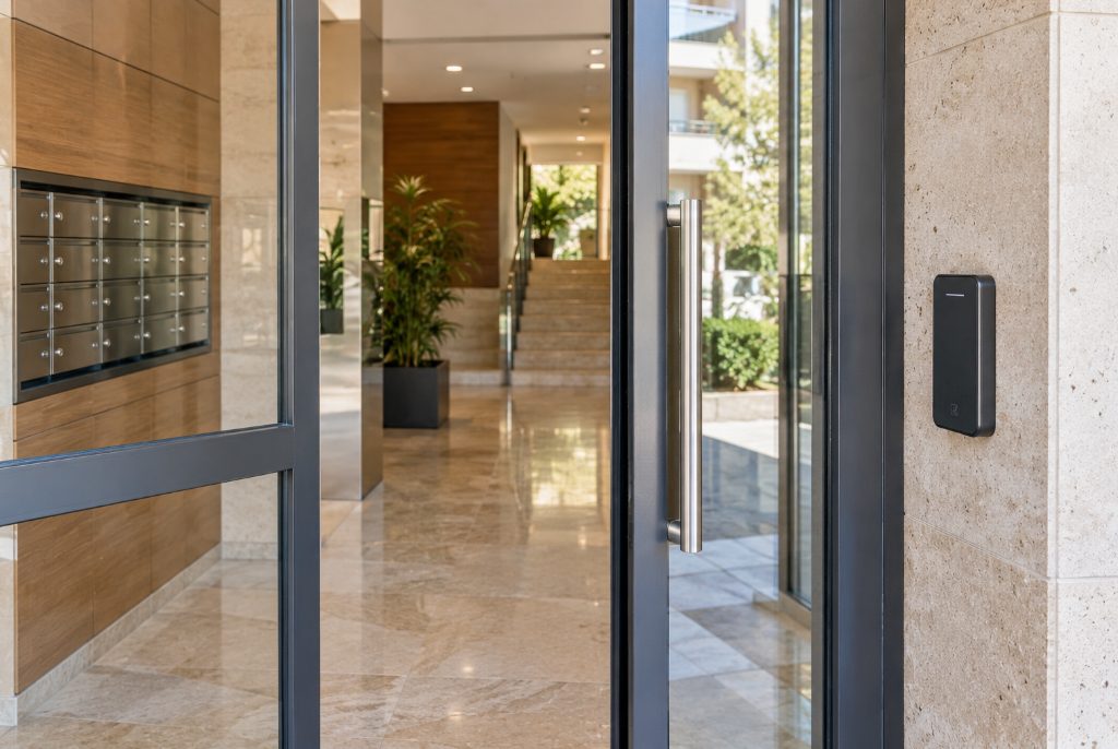 Portal de edificio residencial con lector de acceso electrónico junto a la puerta