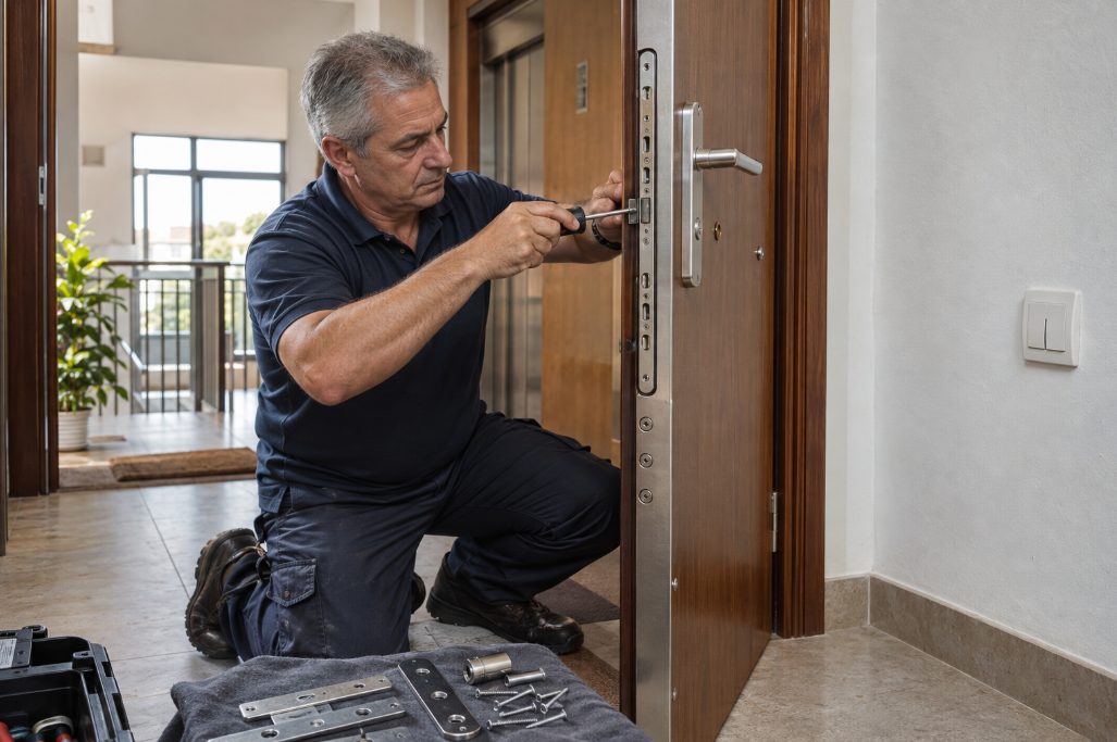 Técnico instalando una cerradura de seguridad en una puerta blindada