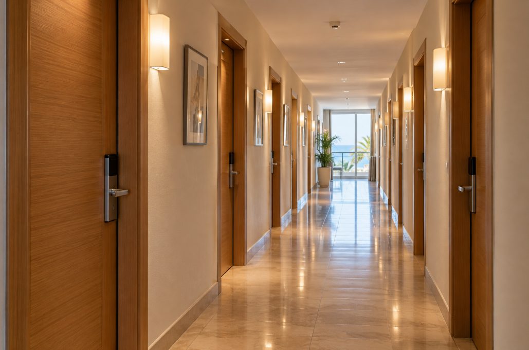 Pasillo de hotel con cerraduras de tarjeta en las habitaciones
