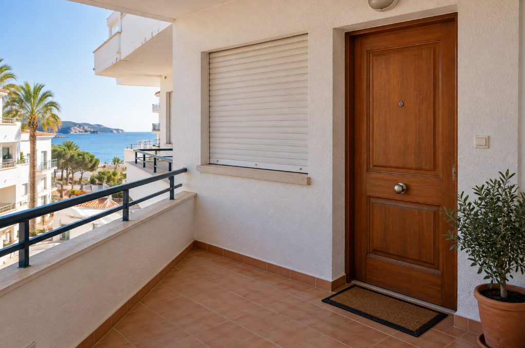 Puerta de entrada de un apartamento de veraneo con persiana bajada y el mar al fondo