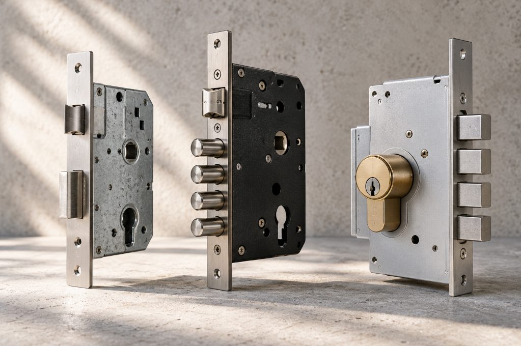 Tres cerraduras de seguridad de distintos tipos alineadas
