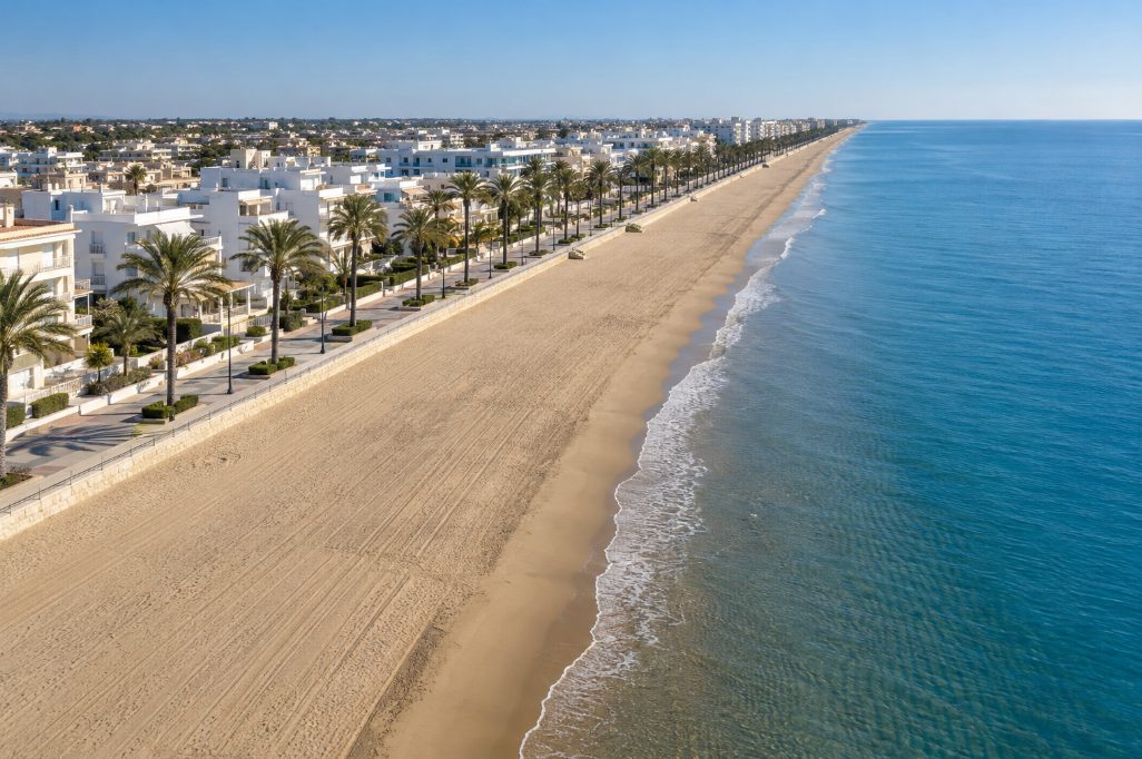 Vista aérea de una playa larga con paseo marítimo de palmeras en la Costa Daurada